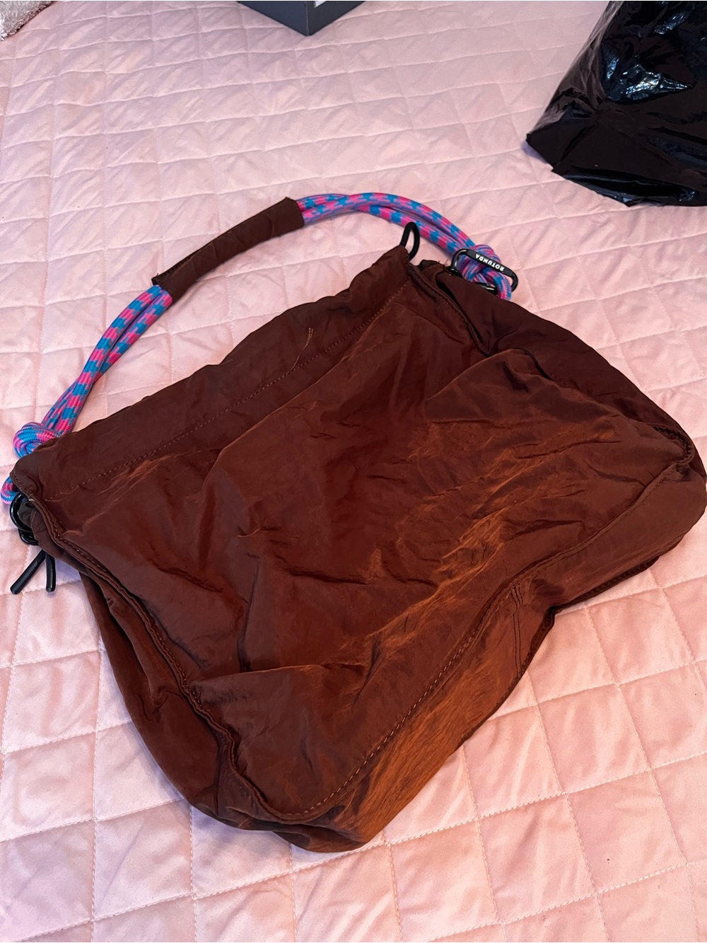 Casual Brown Nylon Shoulder Bag with Pink & Blue Rope Strap